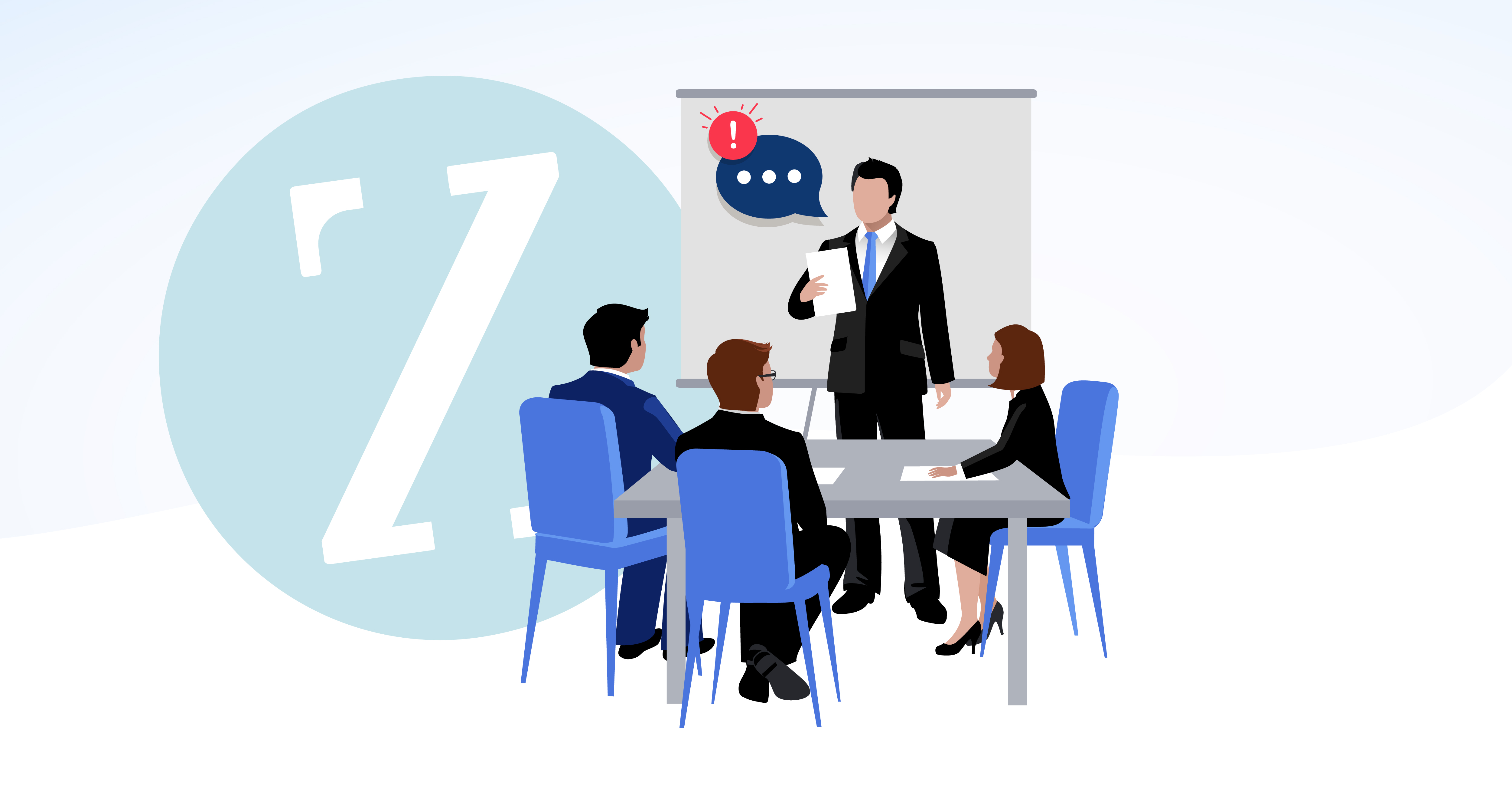 Positive Reframing Article. A featured image for the blog that has 3 people sitting on blue chairs around a desk. One man is standing and giving a presentation